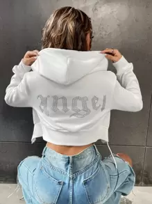 SHEIN Unity Áo hoodie dài tay dáng ngắn, có dây rút, họa tiết chữ đính đá, thích hợp mặc khi tốt nghiệp, làm giáo viên, đi học trở lại vào mùa thu. - trắng - Xem 3