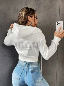 SHEIN Unity Áo hoodie dài tay dáng ngắn, có dây rút, họa tiết chữ đính đá, thích hợp mặc khi tốt nghiệp, làm giáo viên, đi học trở lại vào mùa thu. - trắng - Xem 4