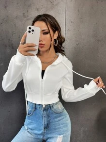 SHEIN Unity Áo hoodie dài tay dáng ngắn, có dây rút, họa tiết chữ đính đá, thích hợp mặc khi tốt nghiệp, làm giáo viên, đi học trở lại vào mùa thu. - trắng - Xem 5