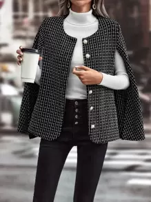 SHEIN LUNE Plaid Cloak Sleeve Cape Overcoat Without Belt - Black - View 3