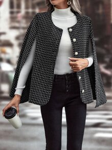 SHEIN LUNE Plaid Cloak Sleeve Cape Overcoat Without Belt - Black - View 4