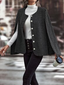 SHEIN LUNE Plaid Cloak Sleeve Cape Overcoat Without Belt - Black - View 5