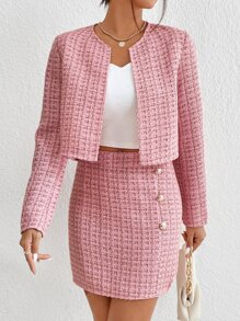 Chiquease Open Front Crop Jacket & Bodycon Skirt - Baby Pink - View 1