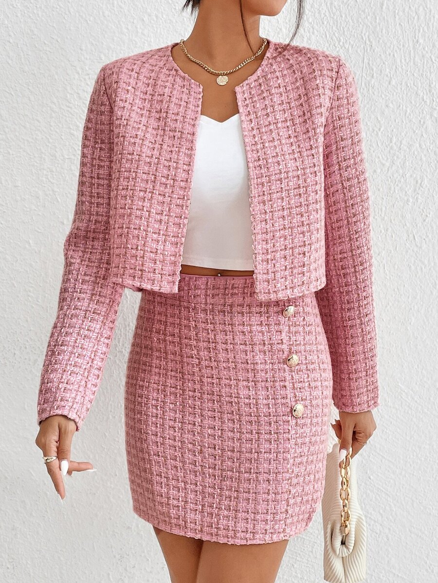 Chiquease Open Front Crop Jacket & Bodycon Skirt - Baby Pink - View 1