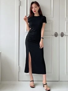 DAZY 露肩卷邊分褶高衩連衣裙 - 黑色 - 查看 4