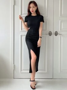 DAZY 露肩卷邊分褶高衩連衣裙 - 黑色 - 查看 5