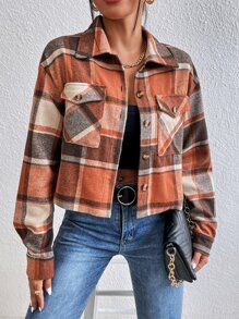 Plaid Flap Pocket Drop Shoulder Overcoat