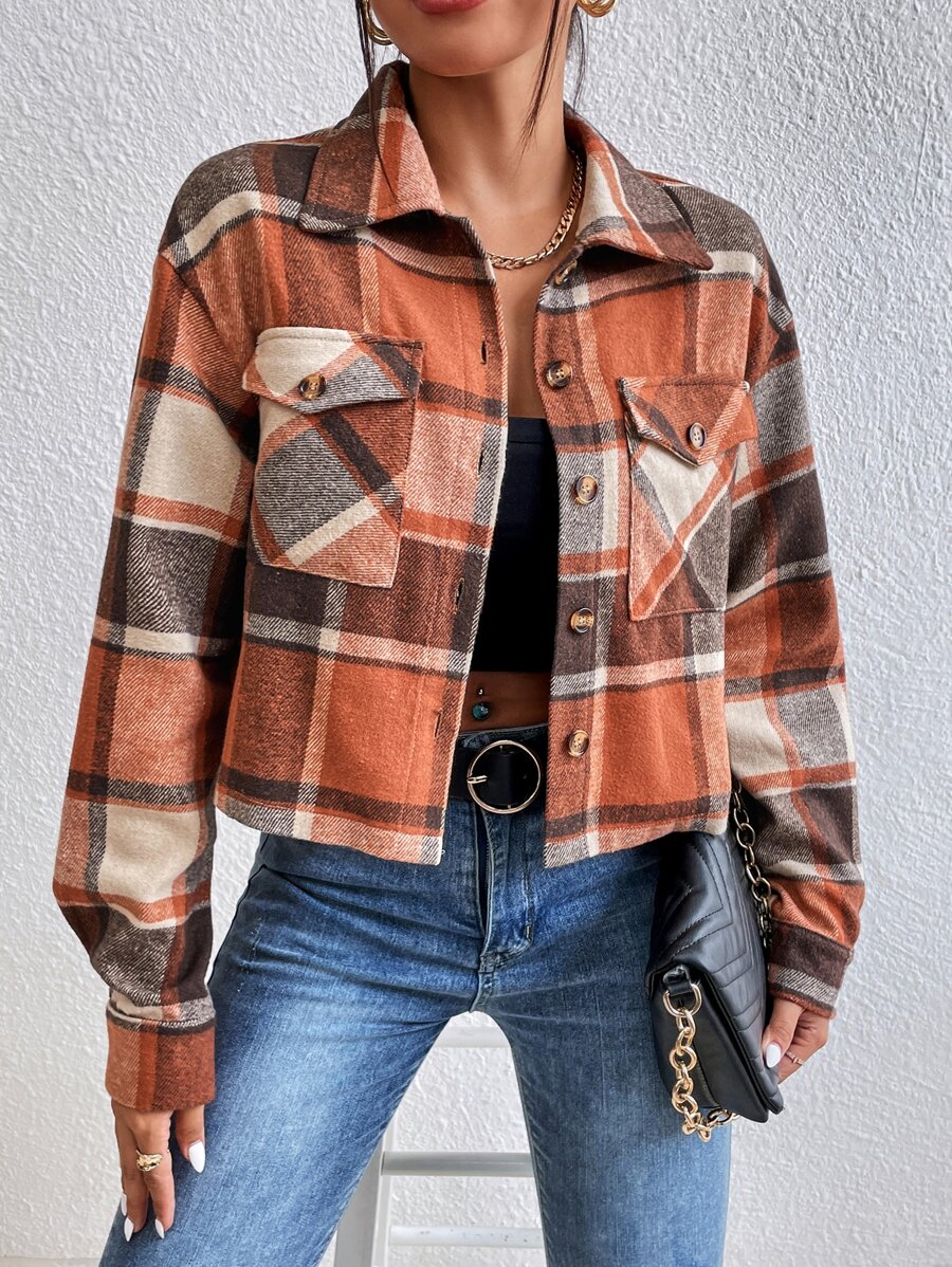 Plaid Flap Pocket Drop Shoulder Overcoat