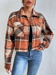 Plaid Flap Pocket Drop Shoulder Overcoat