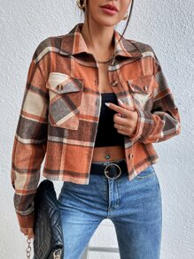 Plaid Flap Pocket Drop Shoulder Overcoat