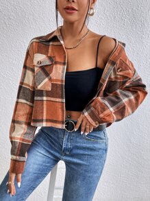 Plaid Flap Pocket Drop Shoulder Overcoat