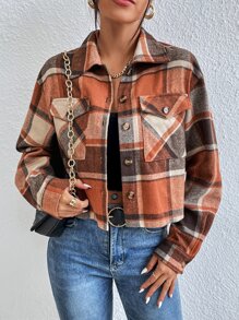Plaid Flap Pocket Drop Shoulder Overcoat