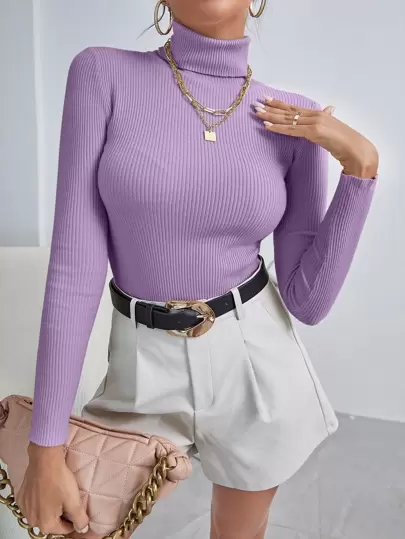 INAWLY 纯色高领罗纹针织毛衣、长袖上衣