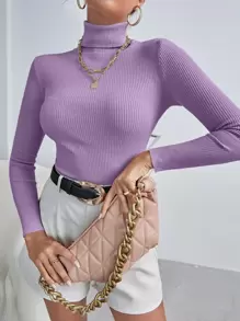 INAWLY 纯色高领罗纹针织毛衣、长袖上衣 - 紫色 - 查看 4