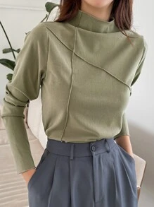 DAZY 高领缝线细节 T 恤，秋季服装长袖女式上衣