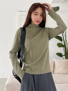 DAZY 高领缝线细节 T 恤，秋季服装长袖女式上衣