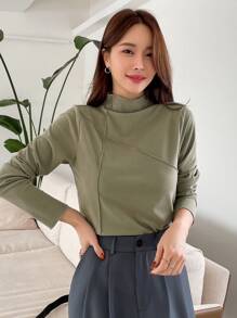 DAZY 高领缝线细节 T 恤，秋季服装长袖女式上衣