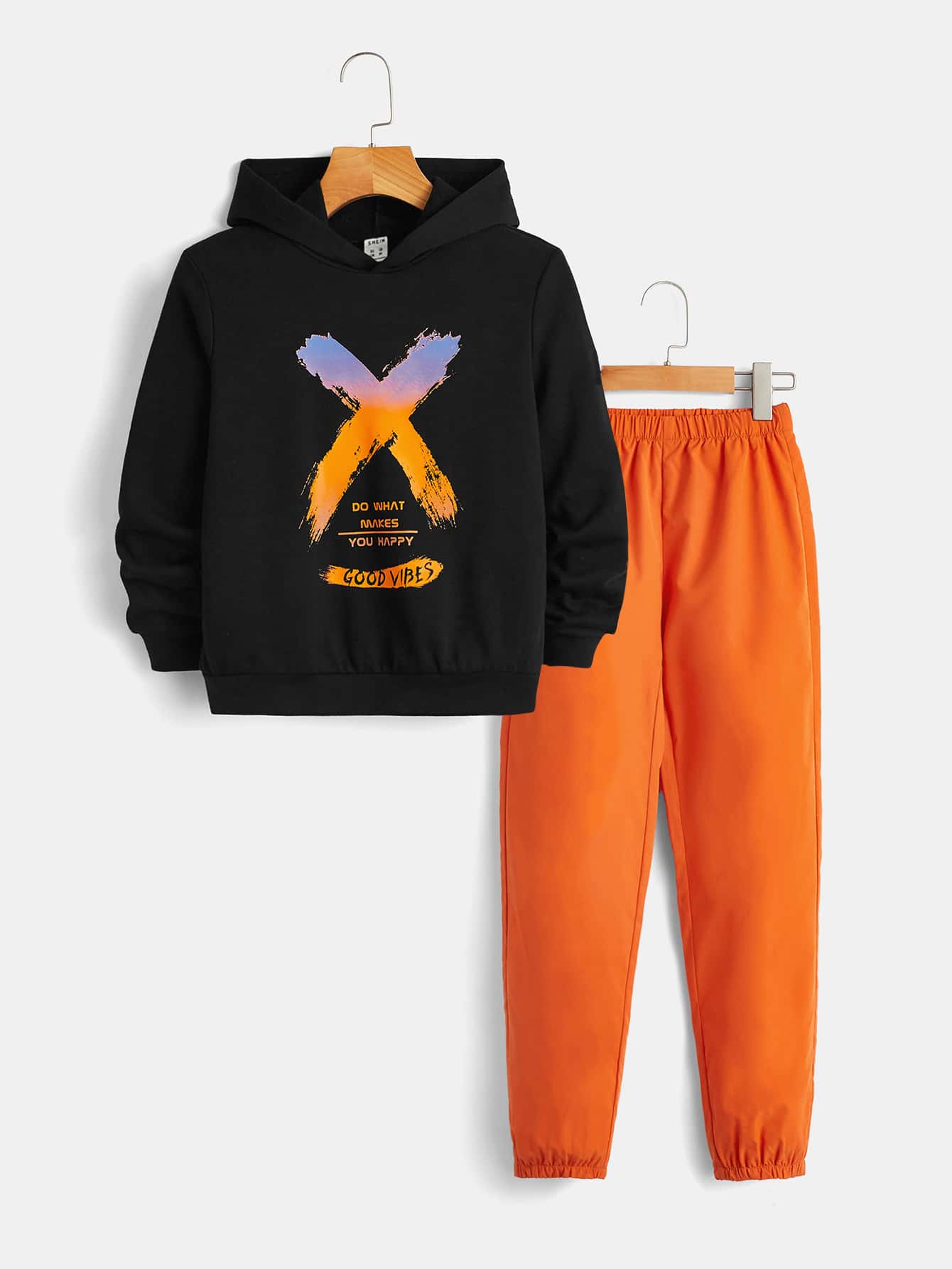 SHEIN 男孩擦色和字母圖案連帽衫和素色長褲 - 彩色 - 查看 1