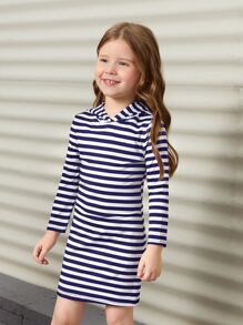 SHEIN Đầm bé gái Sọc Ăn mặc đẹp - Xanh và trắng - Xem 4