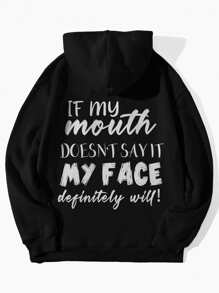 INAWLY 加大码标语印花保暖抽绳卫衣，如果我的嘴不说，我的脸肯定会说出来！适合冬季毕业季、返校季、毕业典礼、教师节等场合，女士返校套头衫，秋季必备。 - 黑色 - 查看 1