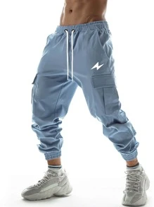 ROMWE MEN Guys Flap Pocket Side Drawstring Waist Cargo Pants - Dusty Blue - View 1