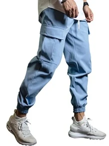 ROMWE MEN Guys Flap Pocket Side Drawstring Waist Cargo Pants - Dusty Blue - View 3
