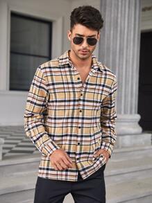 Manfinity Hombres Camisa con estampado de cuadros - Caqui - Ver 4