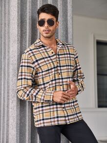 Manfinity Hombres Camisa con estampado de cuadros - Caqui - Ver 5