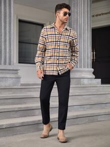 Manfinity Hombres Camisa con estampado de cuadros - Caqui - Ver 6