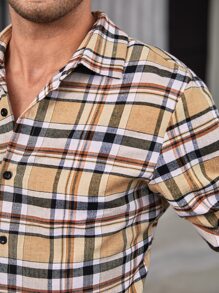Manfinity Hombres Camisa con estampado de cuadros - Caqui - Ver 7