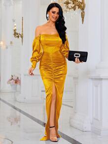 Missord Off Shoulder Contrast Mesh Split Thigh Satin Dress - Mustard Yellow - View 1