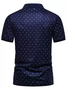 Manfinity Homme Áo thun có cổ Nam Nút Tất cả trên in Công việc - Màu xanh hải quân - Xem 2