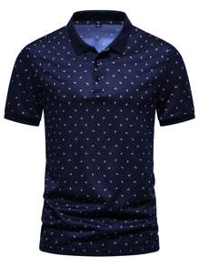 Manfinity Homme Áo thun có cổ Nam Nút Tất cả trên in Công việc - Màu xanh hải quân - Xem 4