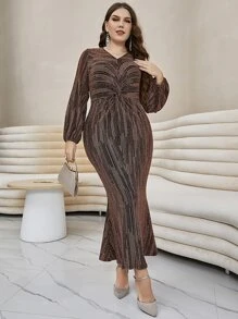 Modelyn Plus Twist Front Lantern Sleeve Dress - Coffee Brown - View 6