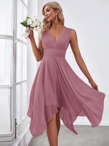 Zip Back Hanky Hem Chiffon Bridesmaid Dress, Semi Formal Dress - Dusty Pink - View 2