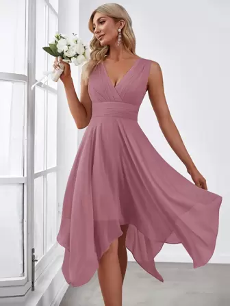 Zip Back Hanky Hem Chiffon Bridesmaid Dress, Semi Formal Dress
