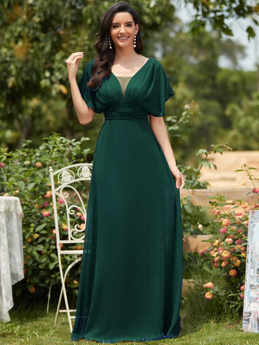 EVERPRETTY Batwing Sleeve Mesh Insert Prom Dress, Bridesmaid Dress - Dark Green - View 1