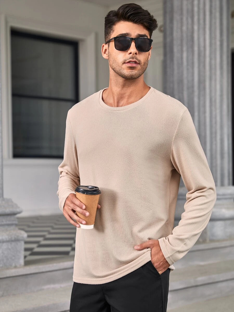 Manfinity Homme Áo thun nam vừa vặn cổ tròn dài tay trơn My Man Casual Simple Spring Knit Top - Màu Khaki - Xem 1
