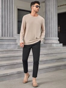 Manfinity Homme Áo thun nam vừa vặn cổ tròn dài tay trơn My Man Casual Simple Spring Knit Top - Màu Khaki - Xem 3