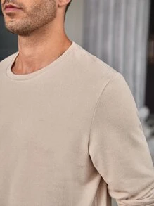 Manfinity Homme Áo thun nam vừa vặn cổ tròn dài tay trơn My Man Casual Simple Spring Knit Top - Màu Khaki - Xem 4