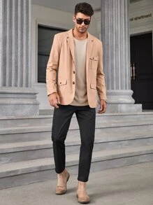 Manfinity Homme Áo thun nam vừa vặn cổ tròn dài tay trơn My Man Casual Simple Spring Knit Top - Màu Khaki - Xem 7