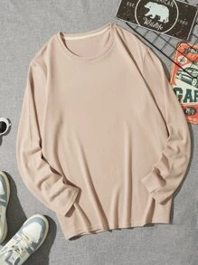 Manfinity Homme Áo thun nam vừa vặn cổ tròn dài tay trơn My Man Casual Simple Spring Knit Top - Màu Khaki - Xem 8
