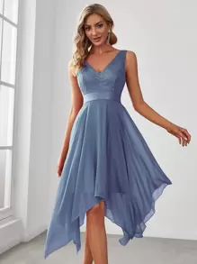 EVERPRETTY Sleeveless Double V-Neck Lace Bodice Hanky Hem Dress Elegant Cocktail Semi Formal Prom Dusty Blue Wedding Guest Dress For Birthday Graduation Dinner Homecoming Party Dress - Dusty Blue - View 2