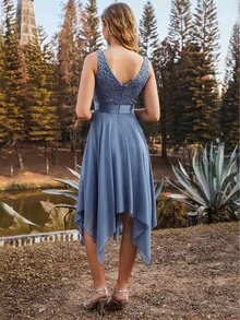 EVERPRETTY Sleeveless Double V-Neck Lace Bodice Hanky Hem Dress Elegant Cocktail Semi Formal Prom Dusty Blue Wedding Guest Dress For Birthday Graduation Dinner Homecoming Party Dress - Dusty Blue - View 3