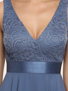 EVERPRETTY Sleeveless Double V-Neck Lace Bodice Hanky Hem Dress Elegant Cocktail Semi Formal Prom Dusty Blue Wedding Guest Dress For Birthday Graduation Dinner Homecoming Party Dress - Dusty Blue - View 4