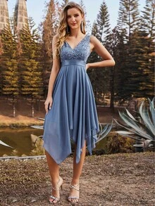 EVERPRETTY Sleeveless Double V-Neck Lace Bodice Hanky Hem Dress Elegant Cocktail Semi Formal Prom Dusty Blue Wedding Guest Dress For Birthday Graduation Dinner Homecoming Party Dress - Dusty Blue - View 5