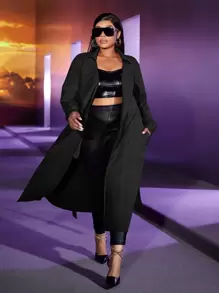 Slaydiva Plus Lapel Collar Belted Trench Coat - Black - View 1