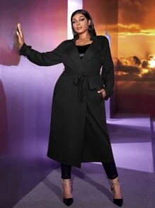 Slaydiva Plus Lapel Collar Belted Trench Coat - Black - View 2