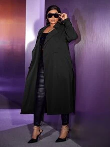 Slaydiva Plus Lapel Collar Belted Trench Coat - Black - View 3