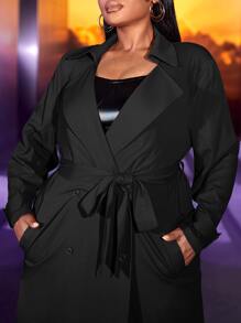 Slaydiva Plus Lapel Collar Belted Trench Coat - Black - View 5